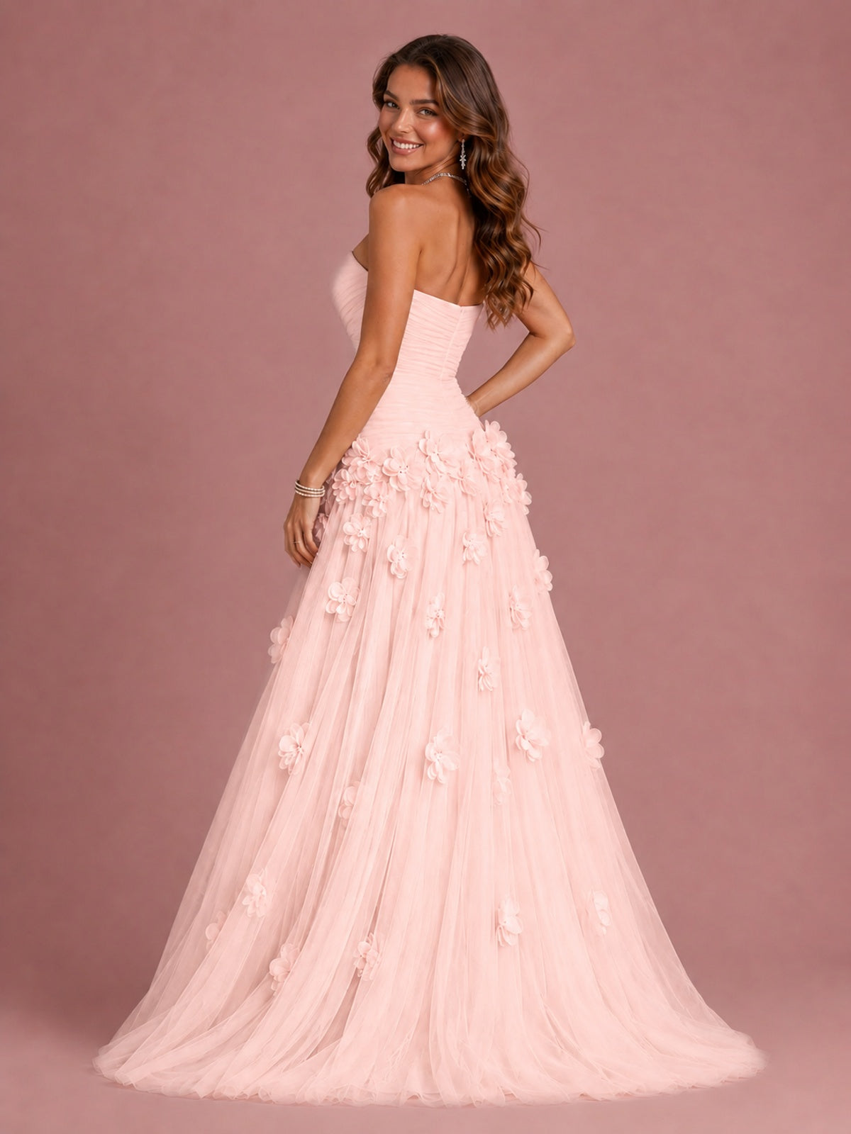 Blush Pink Strapless Sweetheart 3D Floral Tulle Ball Gown Prom Dres
