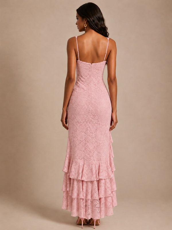 Blush Pink Square-Neck Lace Ruffle High-Low Maxi Dress