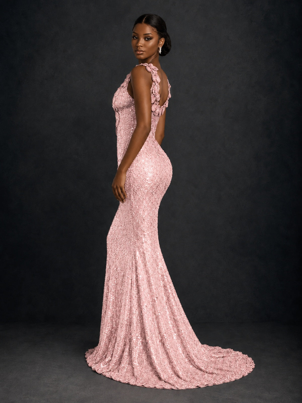 Gold Sequin Floral Applique Mermaid Prom Dress