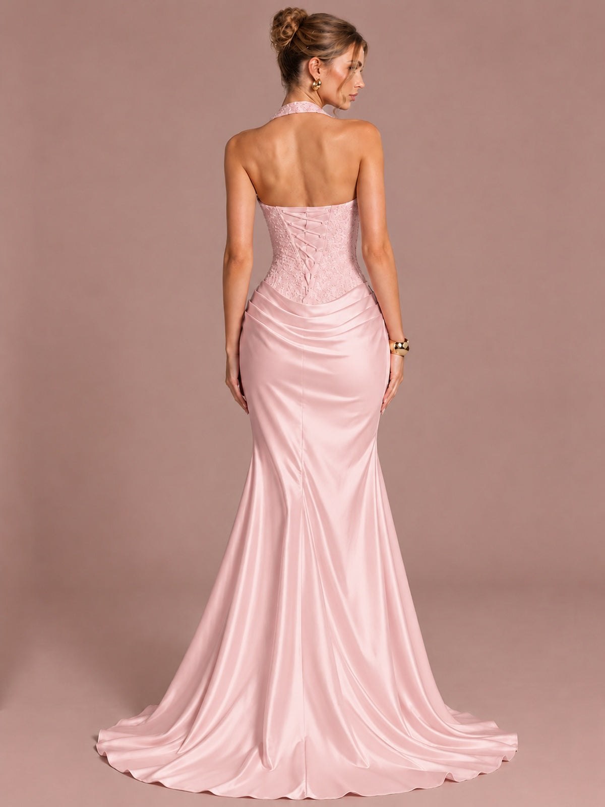 Sparkling Halter Corset Satin Mermaid Prom Dress