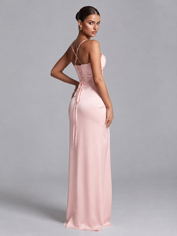 Square Neck Satin Long Prom Dress with Ruffles