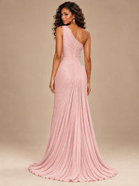 Burgundy One Shoulder Ruched Prom Dress with High Slit & Beaded Waist