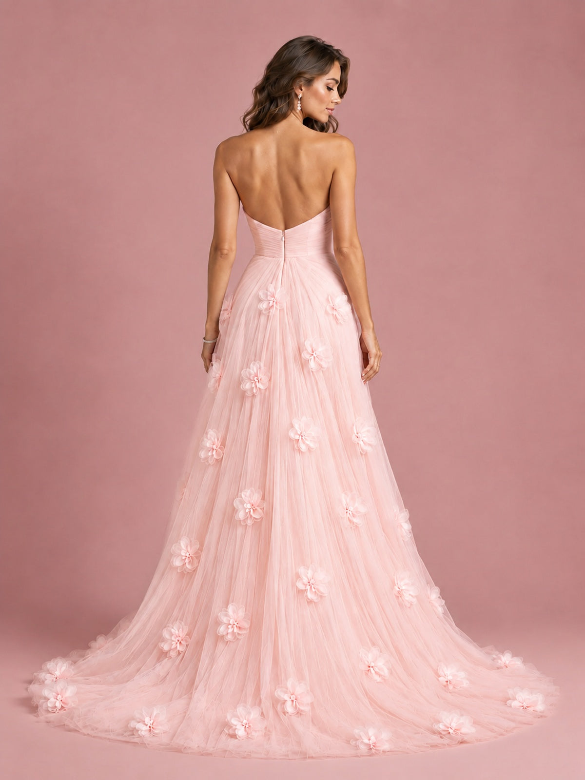 3D Floral Applique Strapless Tulle Prom Dress with High Slit