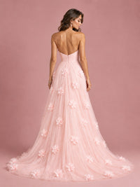 3D Floral Applique Strapless Tulle Prom Dress with High Slit