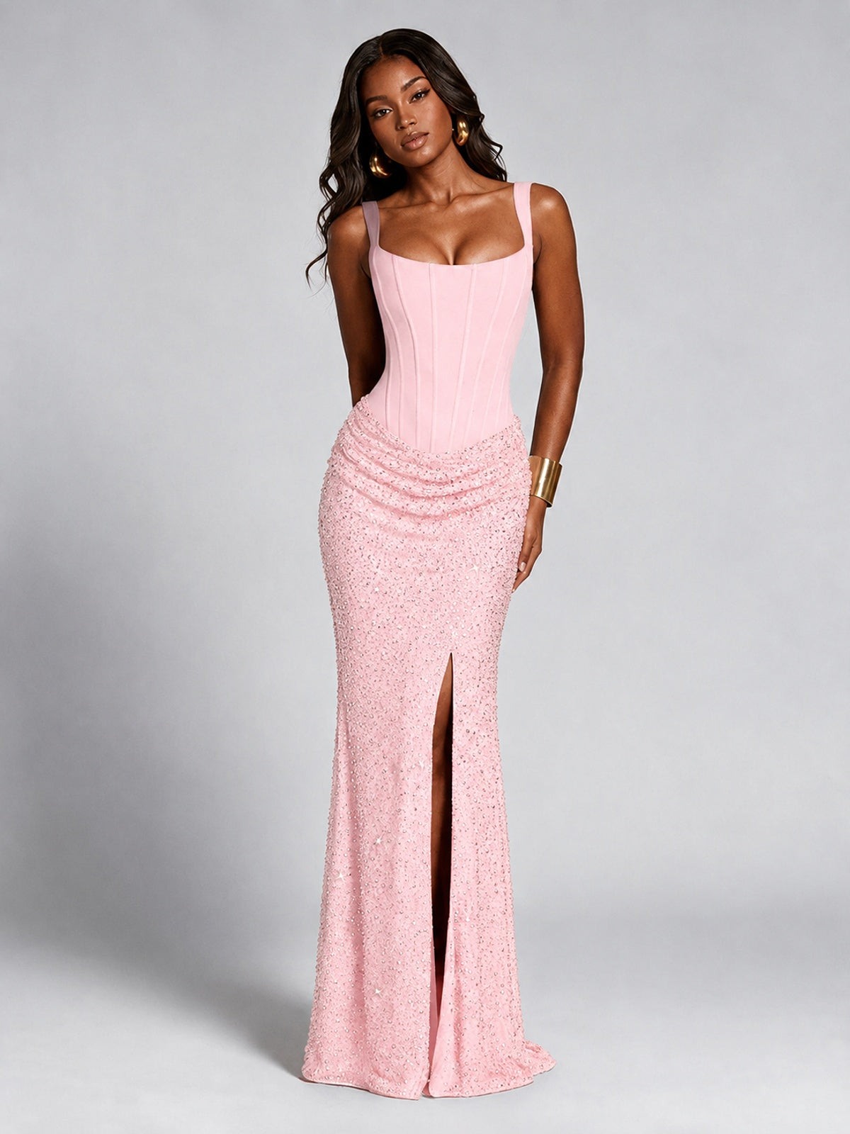 Sequin Corset Mermaid Prom Dress with Square Neck Wide Strap High Slit