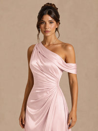 Satin One Shoulder Prom Dress Ruched Long Formal Evening Gown