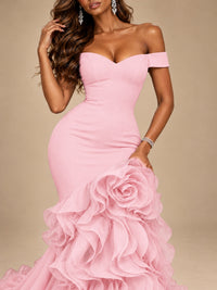 Dusty Blue Off-the-Shoulder Mermaid Prom Dress with 3D Rose & Ruffles