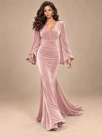 Burgundy Velvet Deep V-Neck Ruched Long Sleeve Maxi Dress