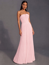 Strapless A-line Long Pleated Satin Prom Dress