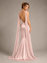 Burgundy Satin Mermaid Cape Maxi Dress