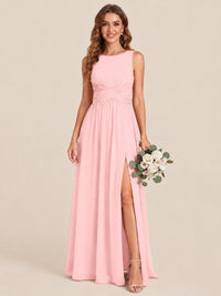 A-line Sleeveless Rucehd Chiffon Bridesmaid Dress with High Slit