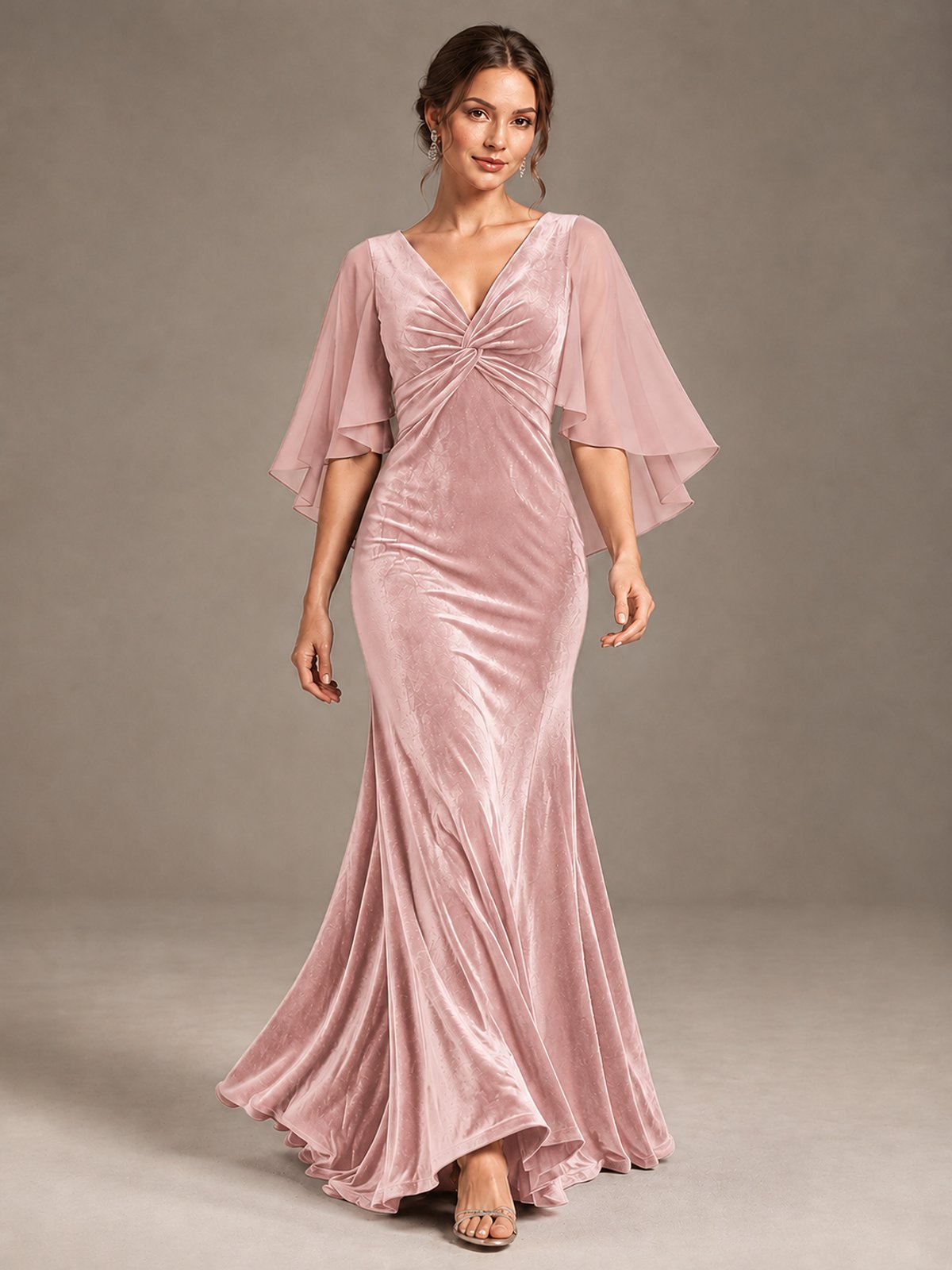 Navy Blue Velvet V Neck Mermaid Formal Dress with Flutter Cape Sleeves