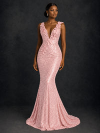 Gold Sequin Floral Applique Mermaid Prom Dress