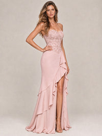 Strapless Lace Appliques Corset Satin Prom Dress Ruffle Slit Evening Gown