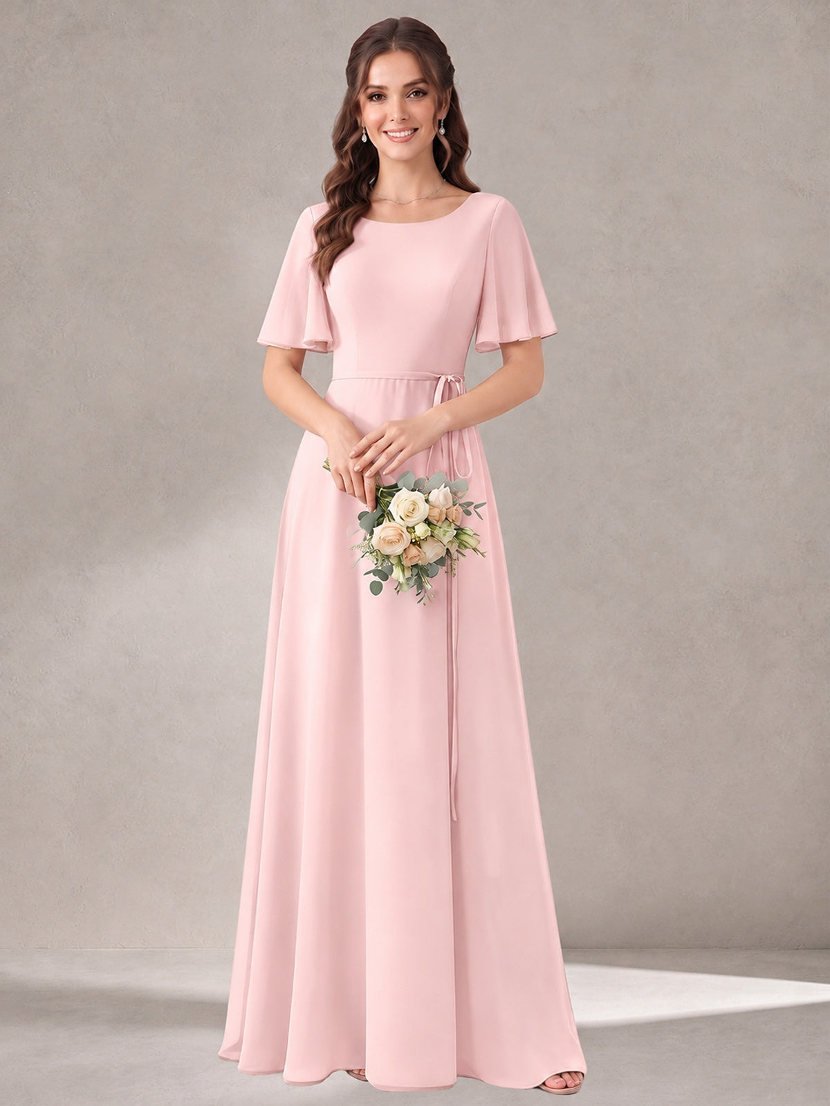Scoop Neck A-line Chiffon Bridesmaid Dress with Flutter Sleeve & Belt