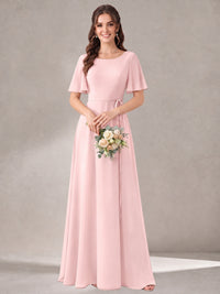 Scoop Neck A-line Chiffon Bridesmaid Dress with Flutter Sleeve & Belt