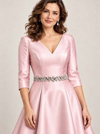 V-Neck Tea-Length Mother of the Bride Dress with Embellished Waist