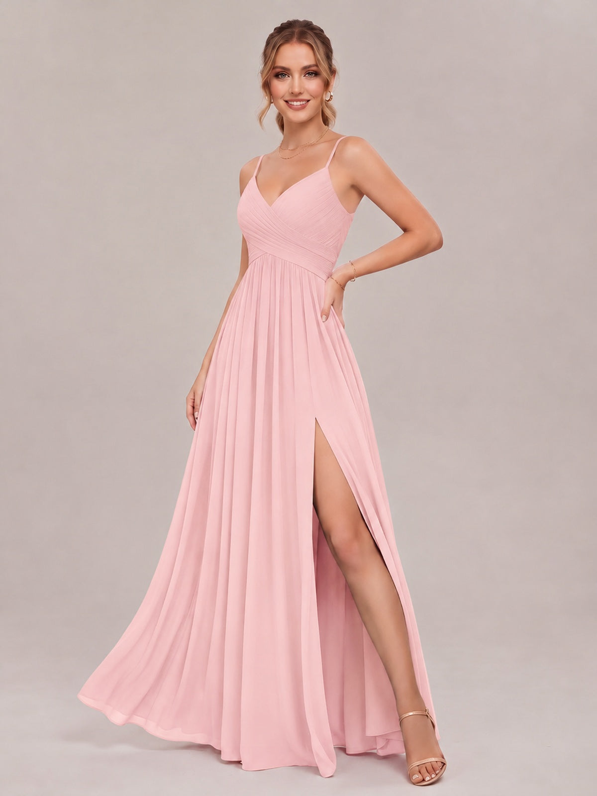 V-Neck Pleated Chiffon Long Bridesmaid Dress with Slit