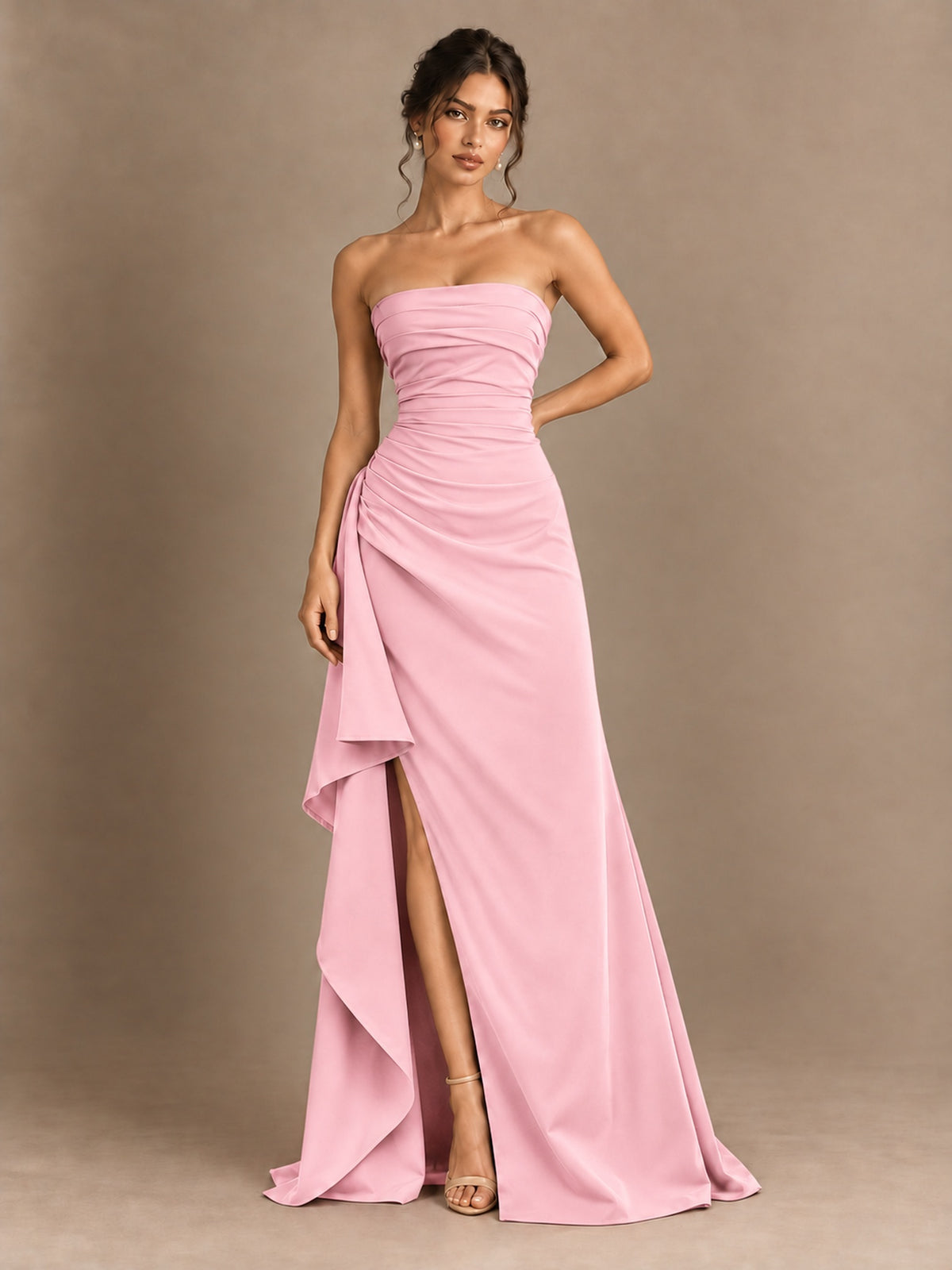 Black and White Strapless Ruched Prom Dress with High Slit & Side Drape