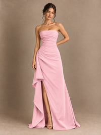 Black and White Strapless Ruched Prom Dress with High Slit & Side Drape