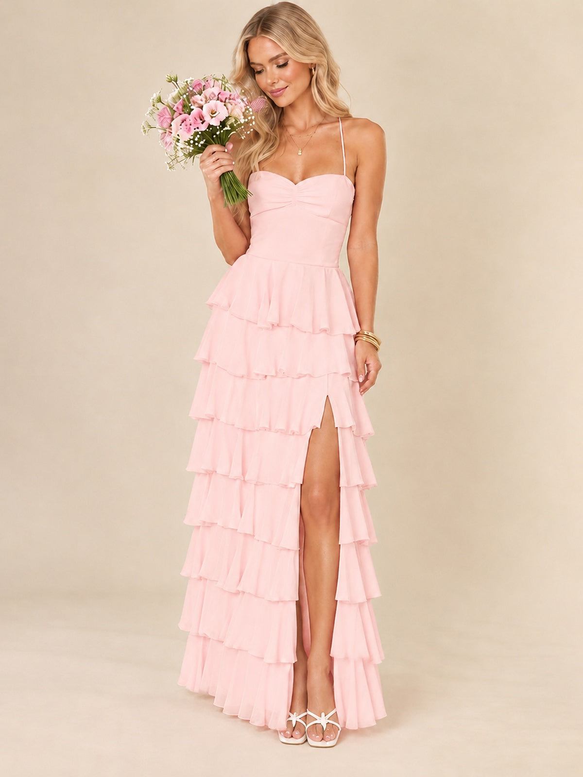 Ruffled Tiered Chiffon Prom Dress Spaghetti Straps Formal Maxi Dress with Slit