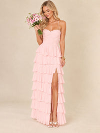 Ruffled Tiered Chiffon Prom Dress Spaghetti Straps Formal Maxi Dress with Slit