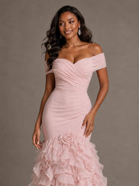 Pink Off-the-Shoulder Mermaid Prom Dress with Ruffles 3D Flowers