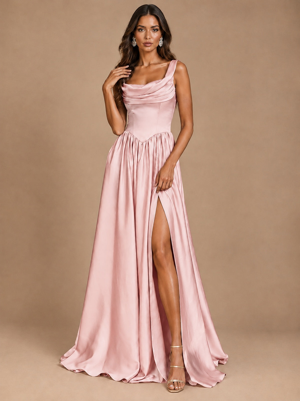 Cowl Neck Pleated Satin Prom Dress with Pockets & Slit Maxi Formal Gowns