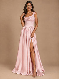 Cowl Neck Pleated Satin Prom Dress with Pockets & Slit Maxi Formal Gowns