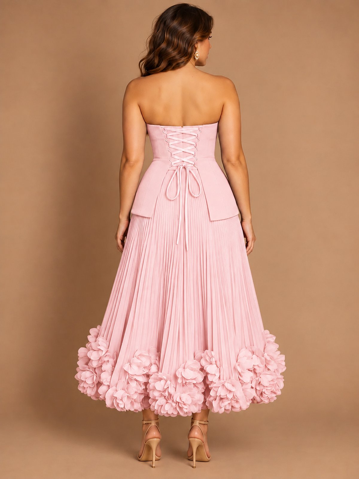Navy Blue Strapless Pleated A-Line Midi Dress with 3D Floral Applique