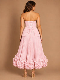 Navy Blue Strapless Pleated A-Line Midi Dress with 3D Floral Applique