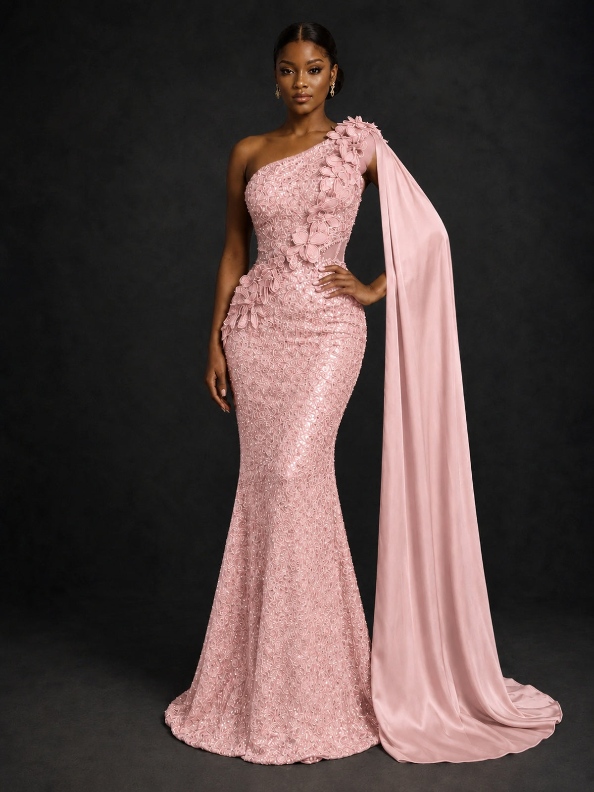 Gold Sequin One Shoulder Mermaid Prom Dress with Cape