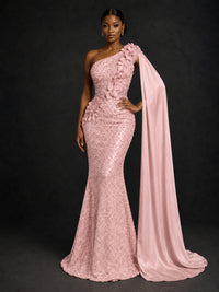 Gold Sequin One Shoulder Mermaid Prom Dress with Cape