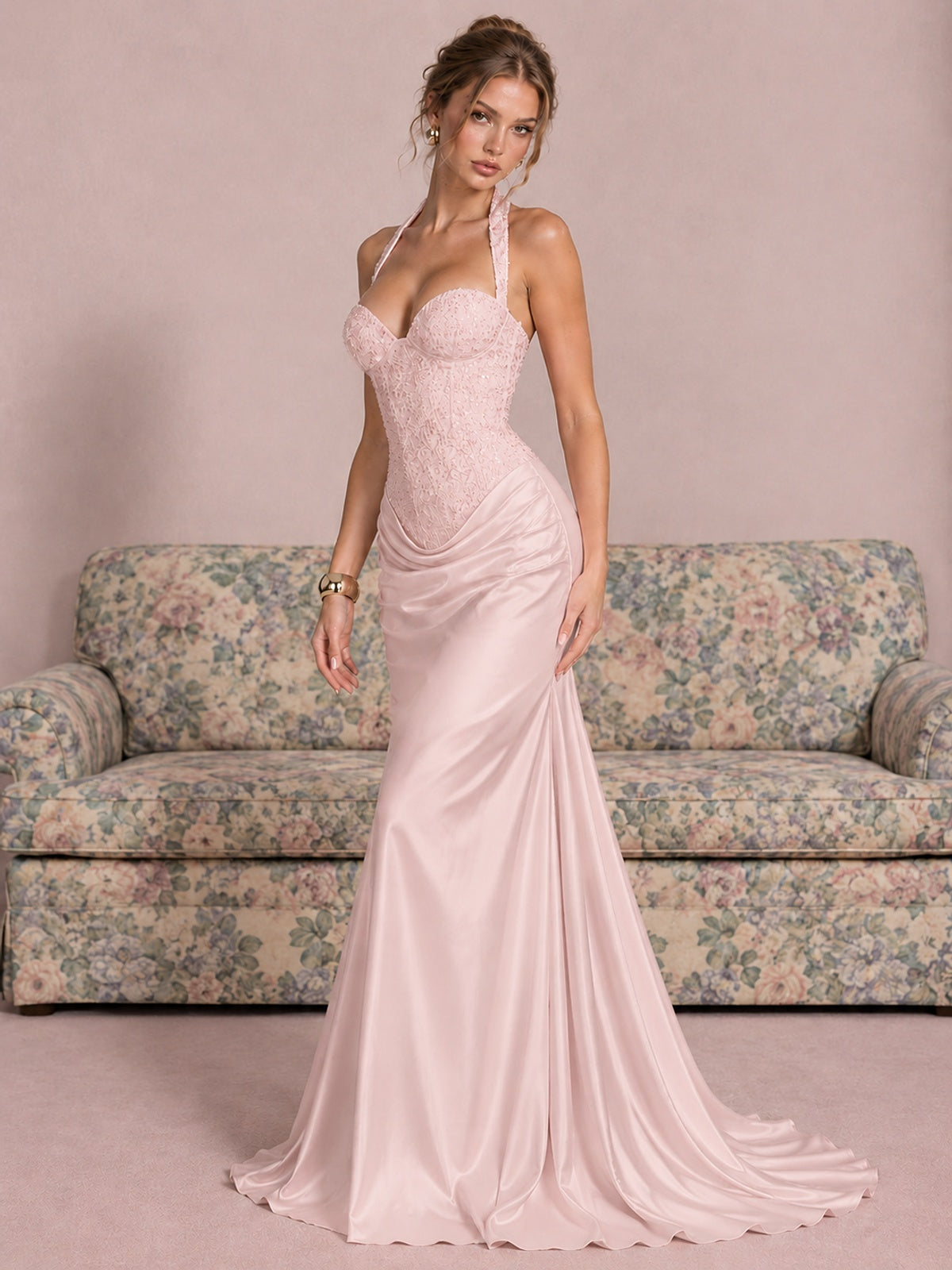 Sparkling Halter Corset Satin Mermaid Prom Dress