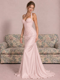 Sparkling Halter Corset Satin Mermaid Prom Dress