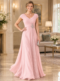 Pleated Chiffon Lace Mother of The Bride Dresses with Beading Cap Sleeves