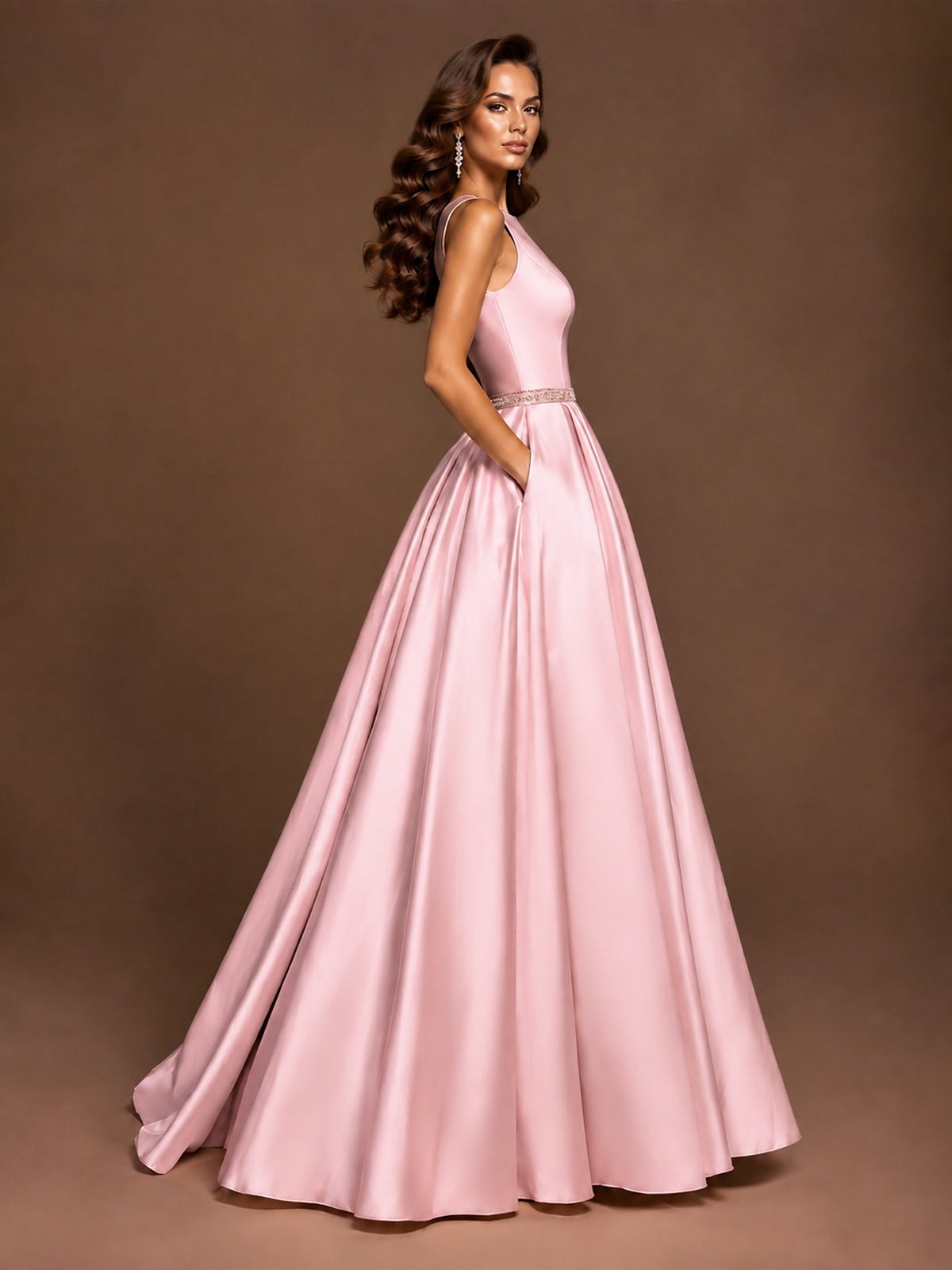 Satin A-Line Prom Dress Sleeveless Beaded Waist Formal Gown with Pockets