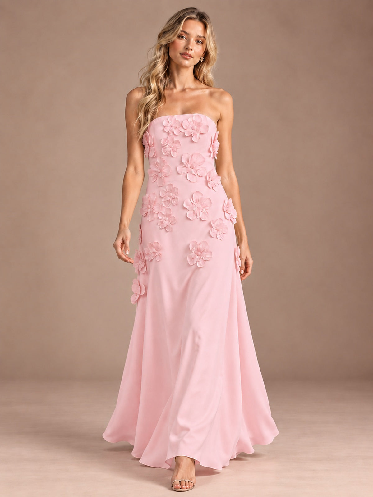 Yellow Strapless A-line Satin Maxi Dress with 3D Floral