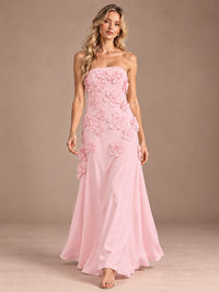 Yellow Strapless A-line Satin Maxi Dress with 3D Floral