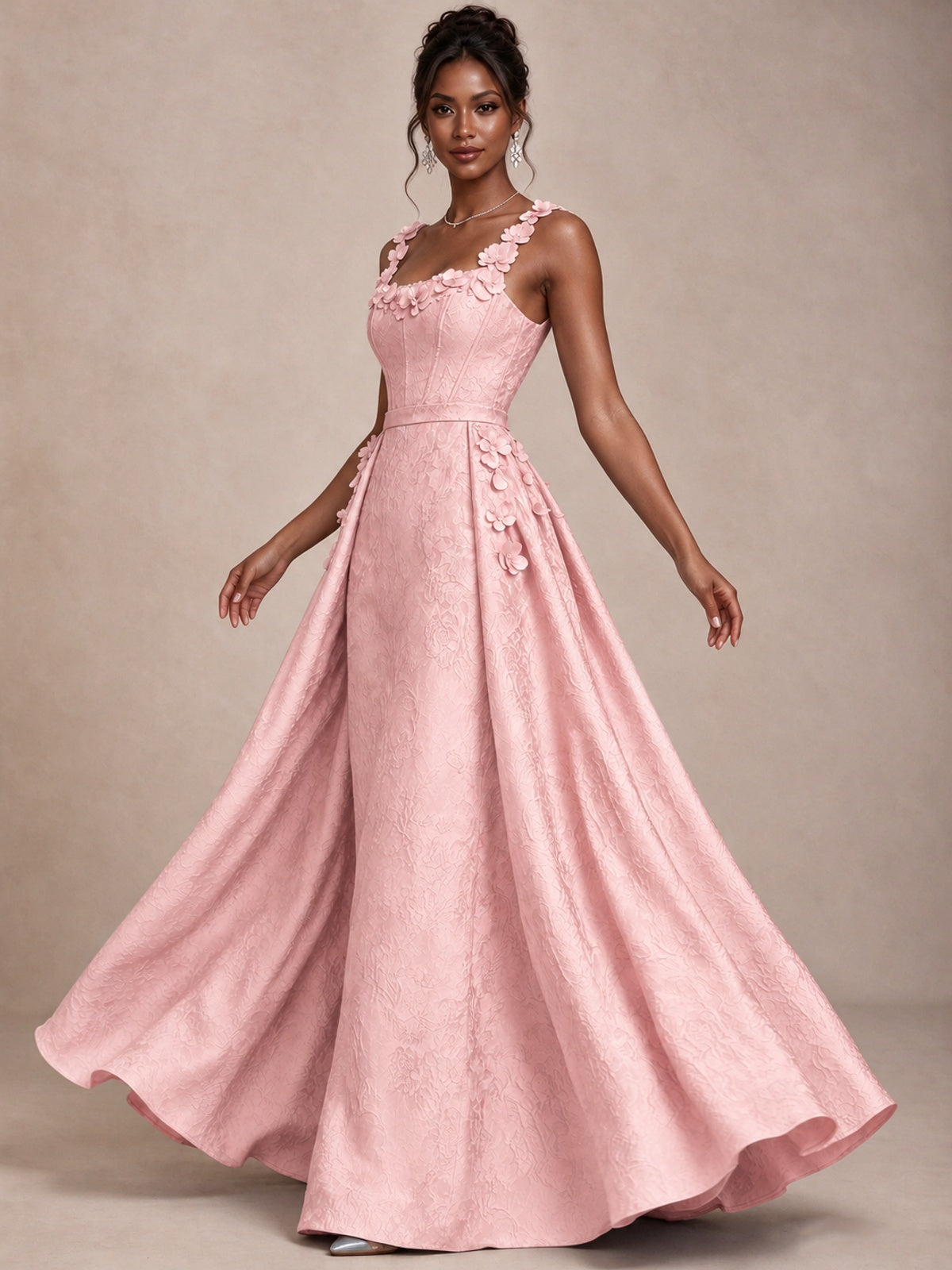 Light Blue 3D Floral Jacquard Prom Dress with Detachable Overskirt Corset Gown