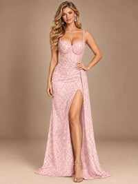 Burgundy Sequin Corset Prom Dress with High Slit