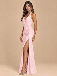 Halter V-Neck Sequin Mermaid Prom Dress with High Slit