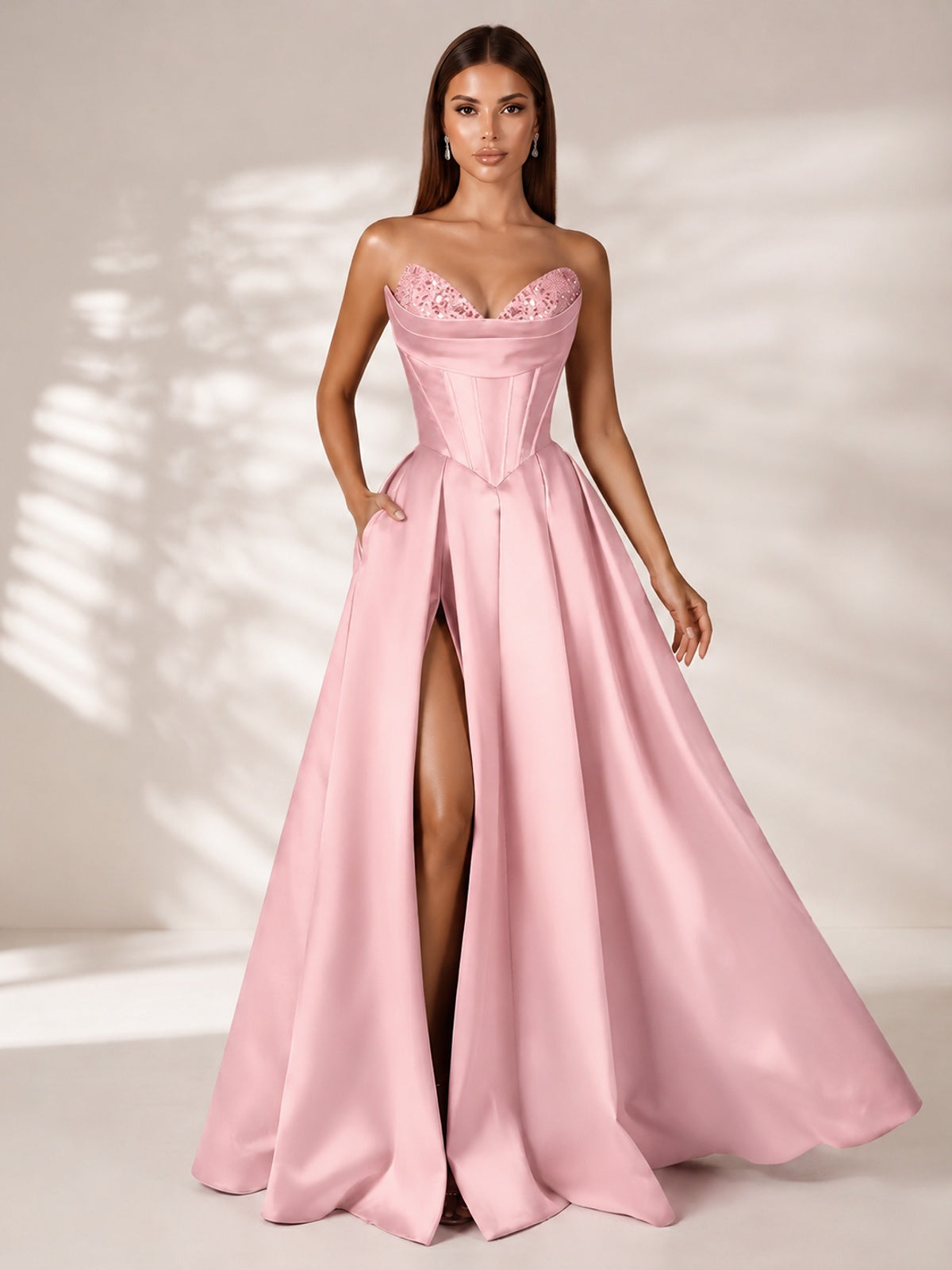 Strapless Corset Satin Prom Dress Long Evening Gown with High Slit