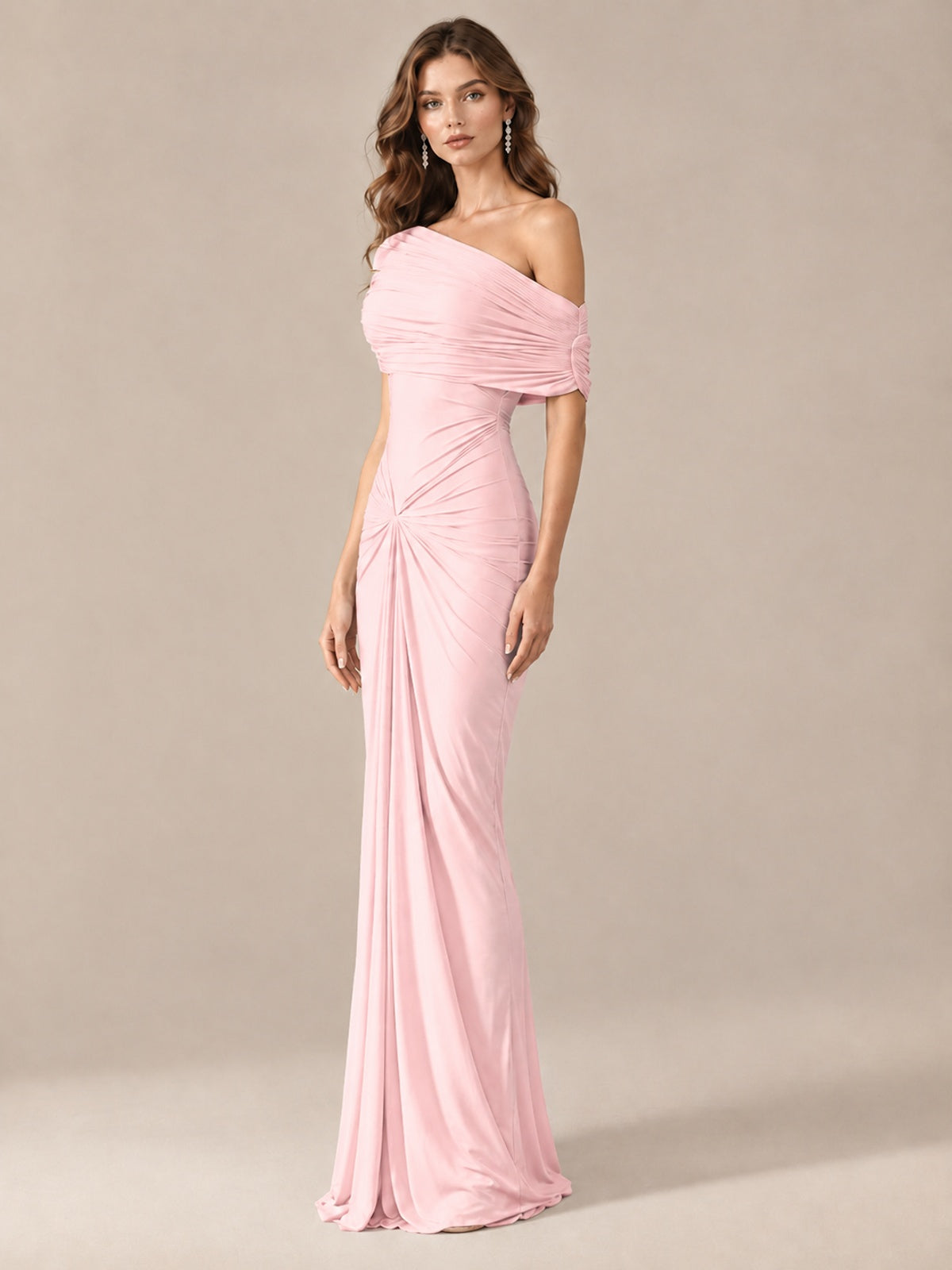Elegant Draped Off Shoulder Ruched Mermaid Chiffon Formal Evening Gown