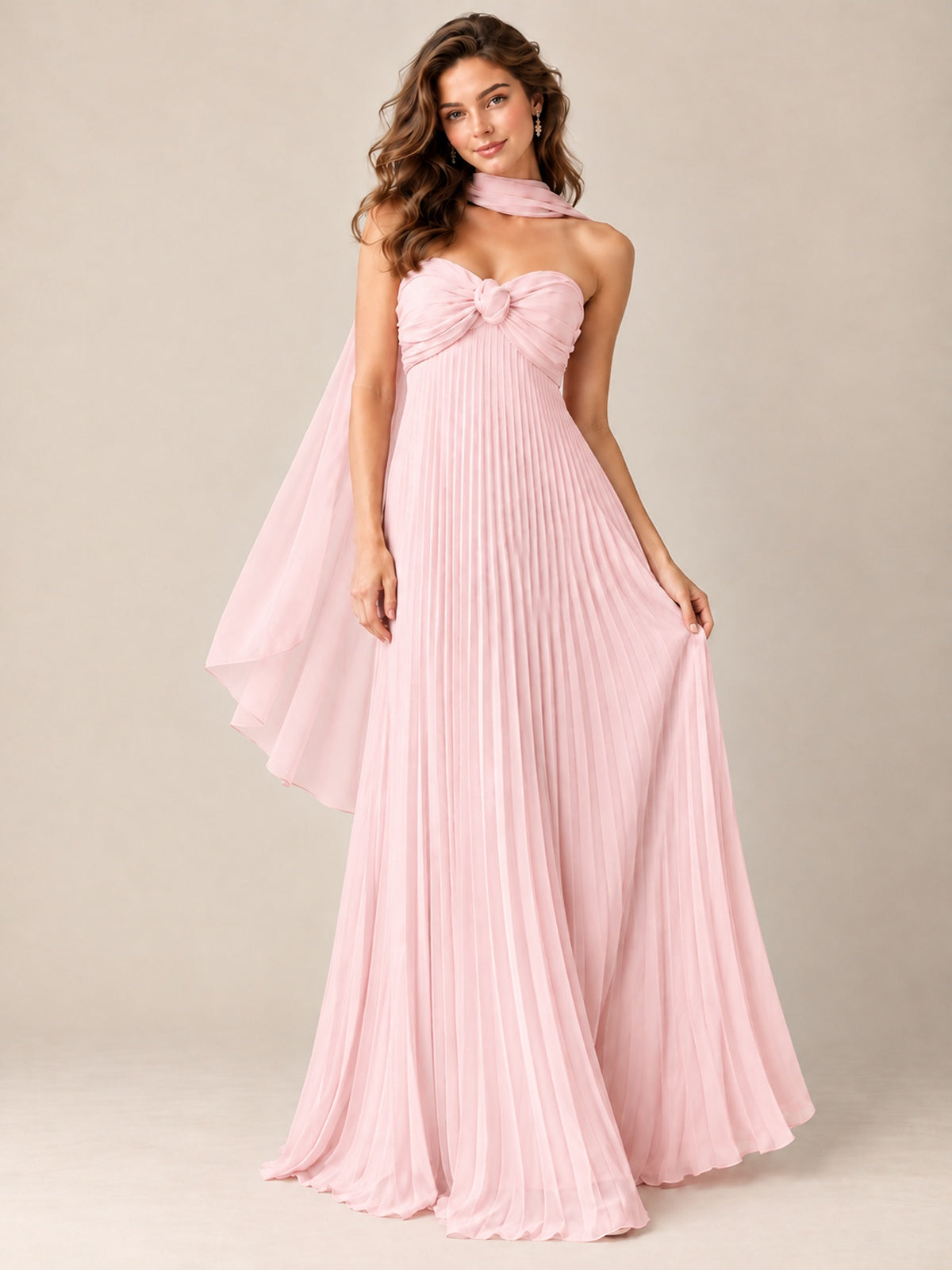 Sweetheart Neckline Pleated Prom Dress Strapless A-line Formal Dress with Flowy Scarf