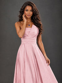Draped Satin Prom Dress Strapless A-line Formal Dress Floor Length