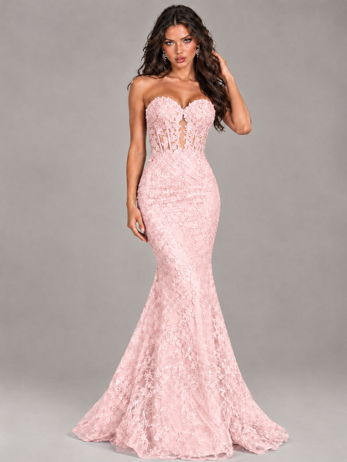 Strapless Corset Mermaid Prom Dress Lace Appliqué Formal Gown