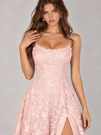 Floral Lace A-Line Prom Dress with Spaghetti Straps & High Slit