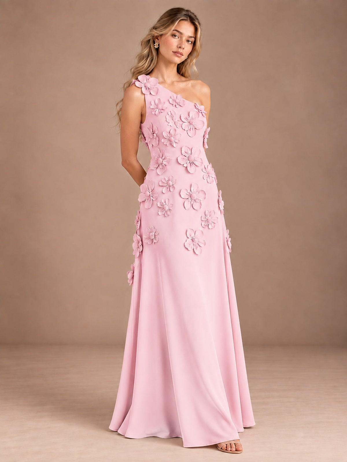 Sage Green One Shoulder Satin Formal Maxi Dress with 3D Floral