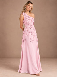 Sage Green One Shoulder Satin Formal Maxi Dress with 3D Floral